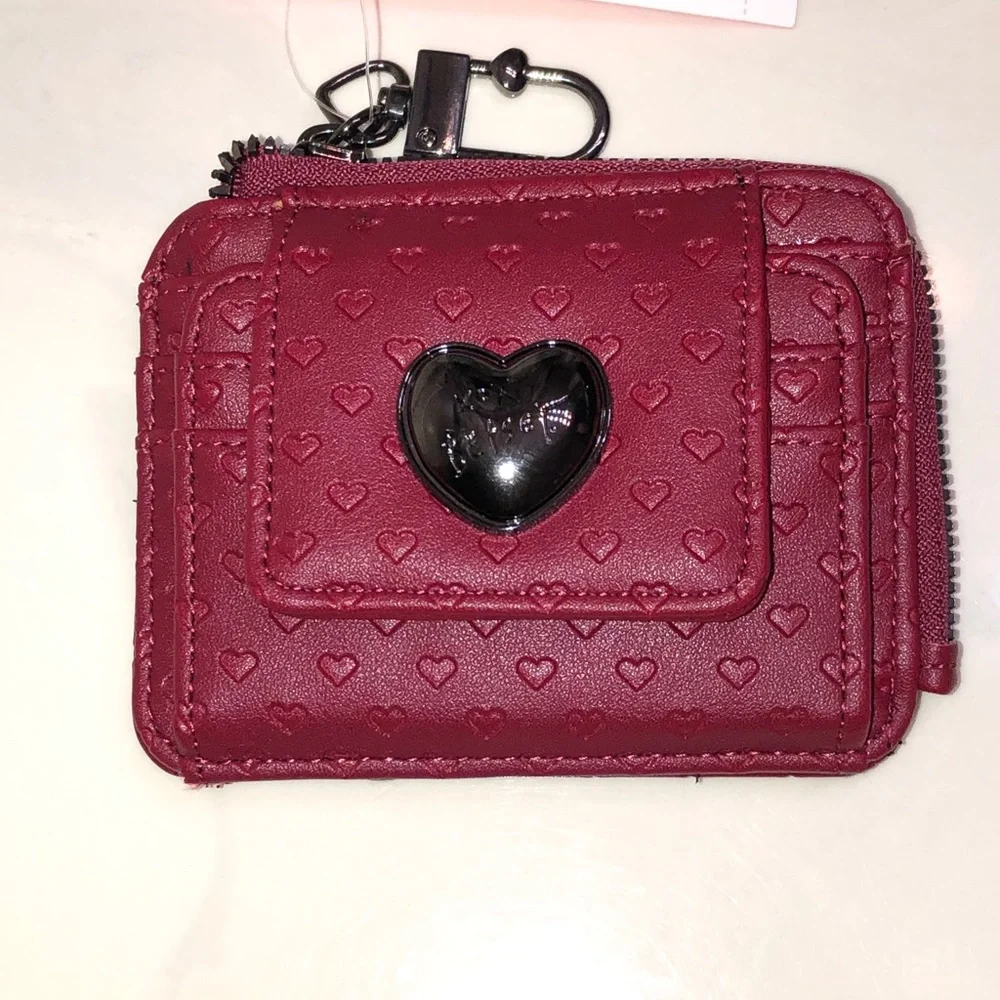 Betsey Johnson XOFRENCH L-Zip Cranberry Card Wallet Dainty Embossed Hearts NWT